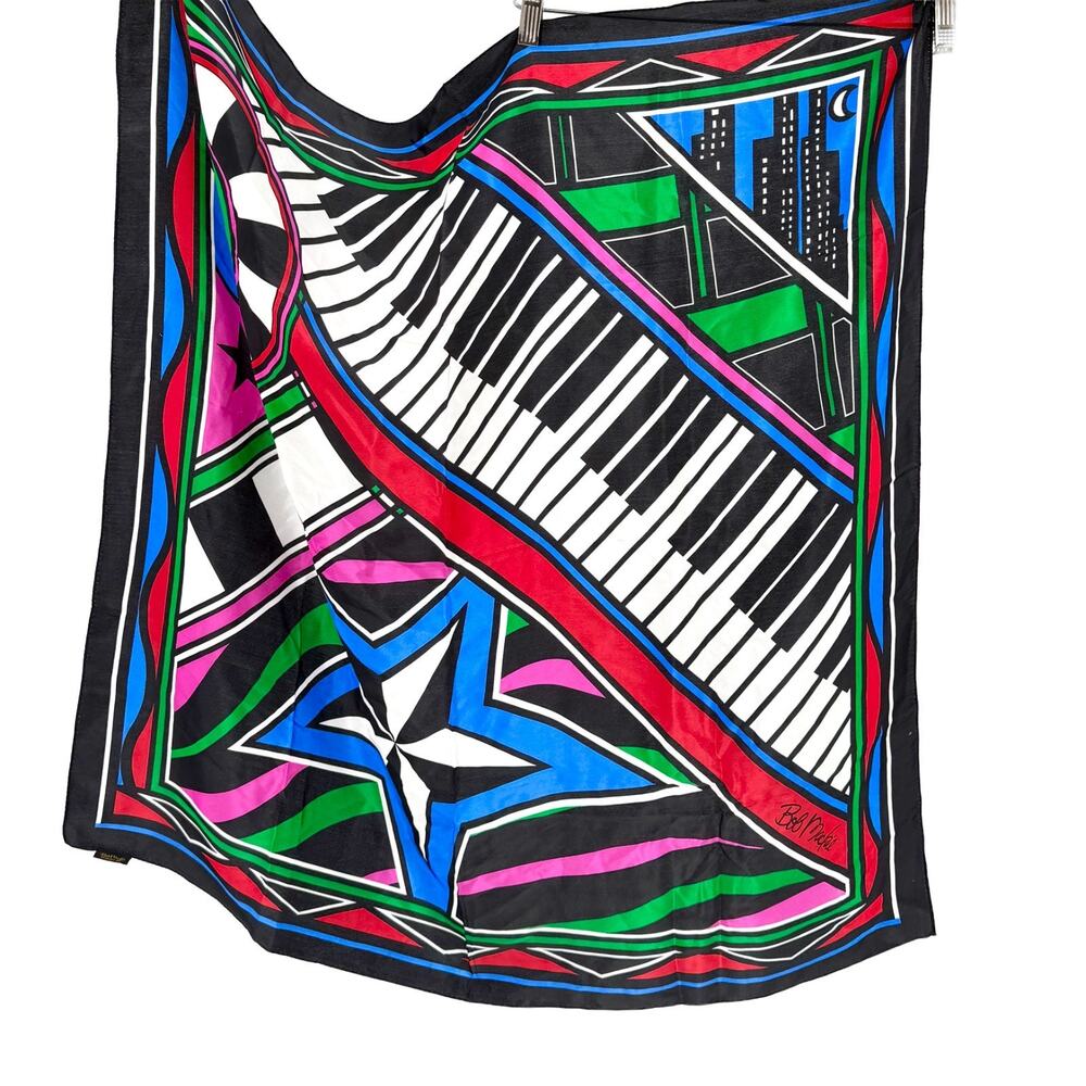 Vintage 80s Bob Mackie Black 100% Silk Piano Cityscape Scarf